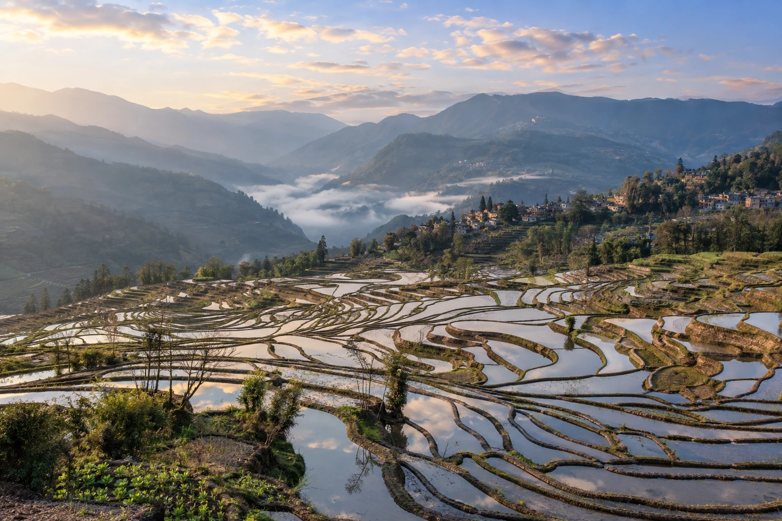 Layered rice terraces across the Bada valley in Yuanyang