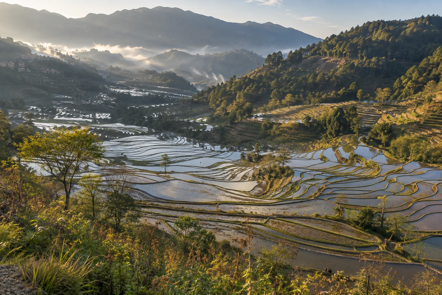 Dawn reflections in the Duoyishu rice terraces