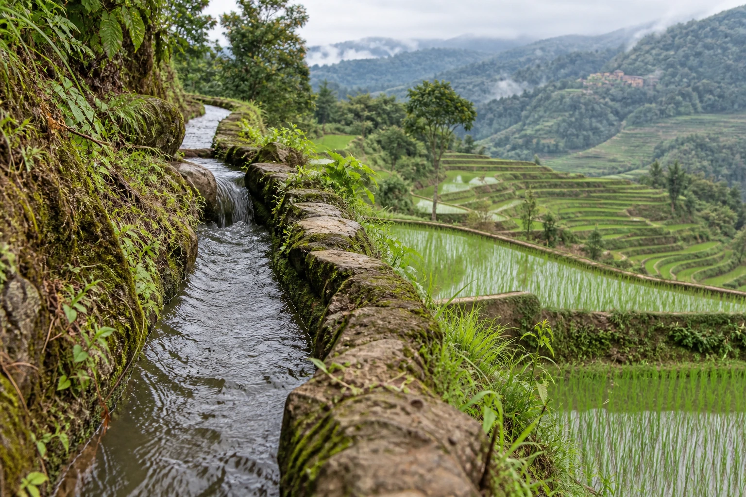 Water channels beside working rice terraces in Yuanyang