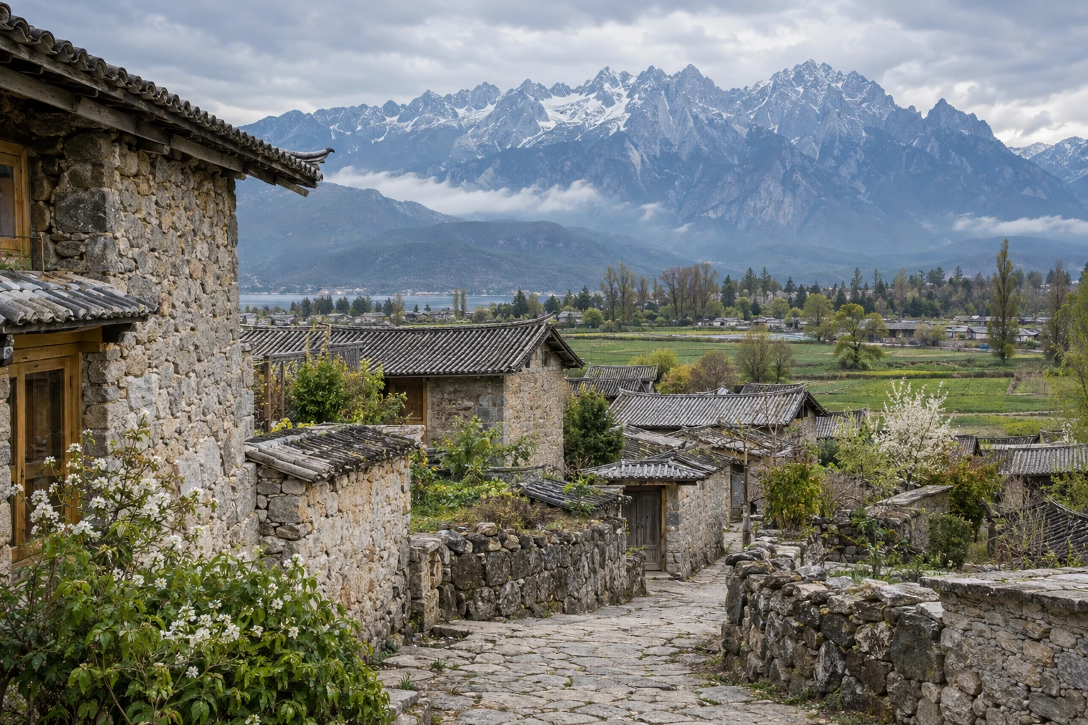 Stone houses in Yuhu village below Jade Dragon Snow Mountain