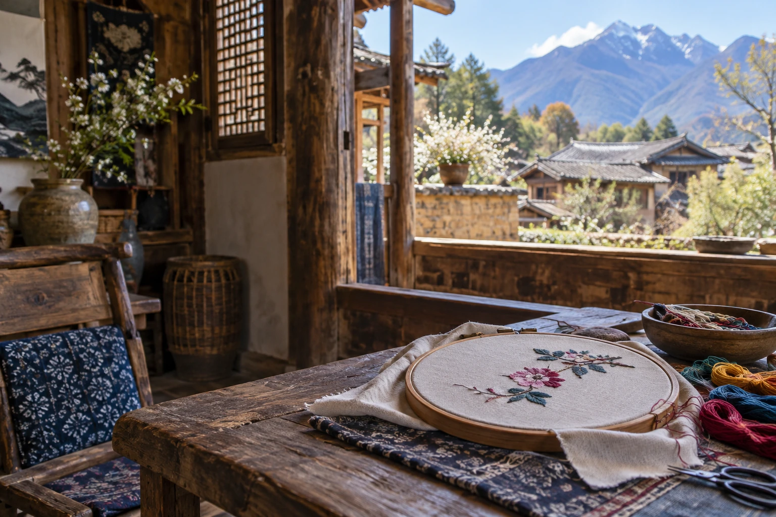 Traditional hand embroidery in a Lijiang workshop