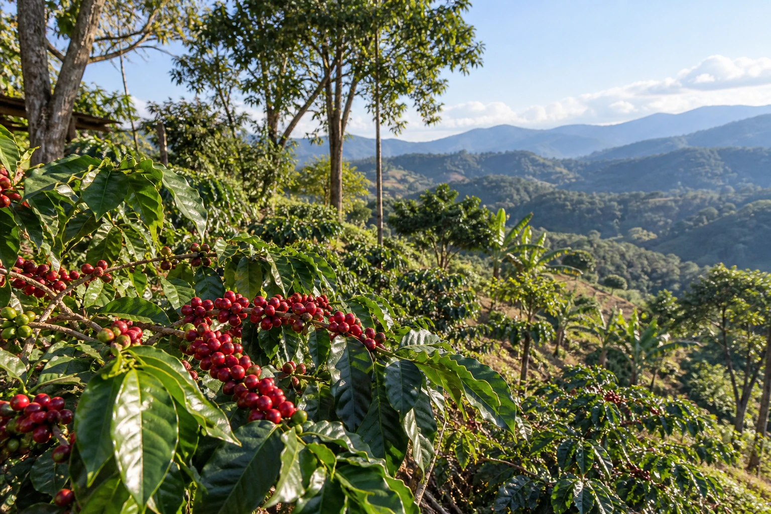 Coffee cherries on a shaded farm near Pu’er