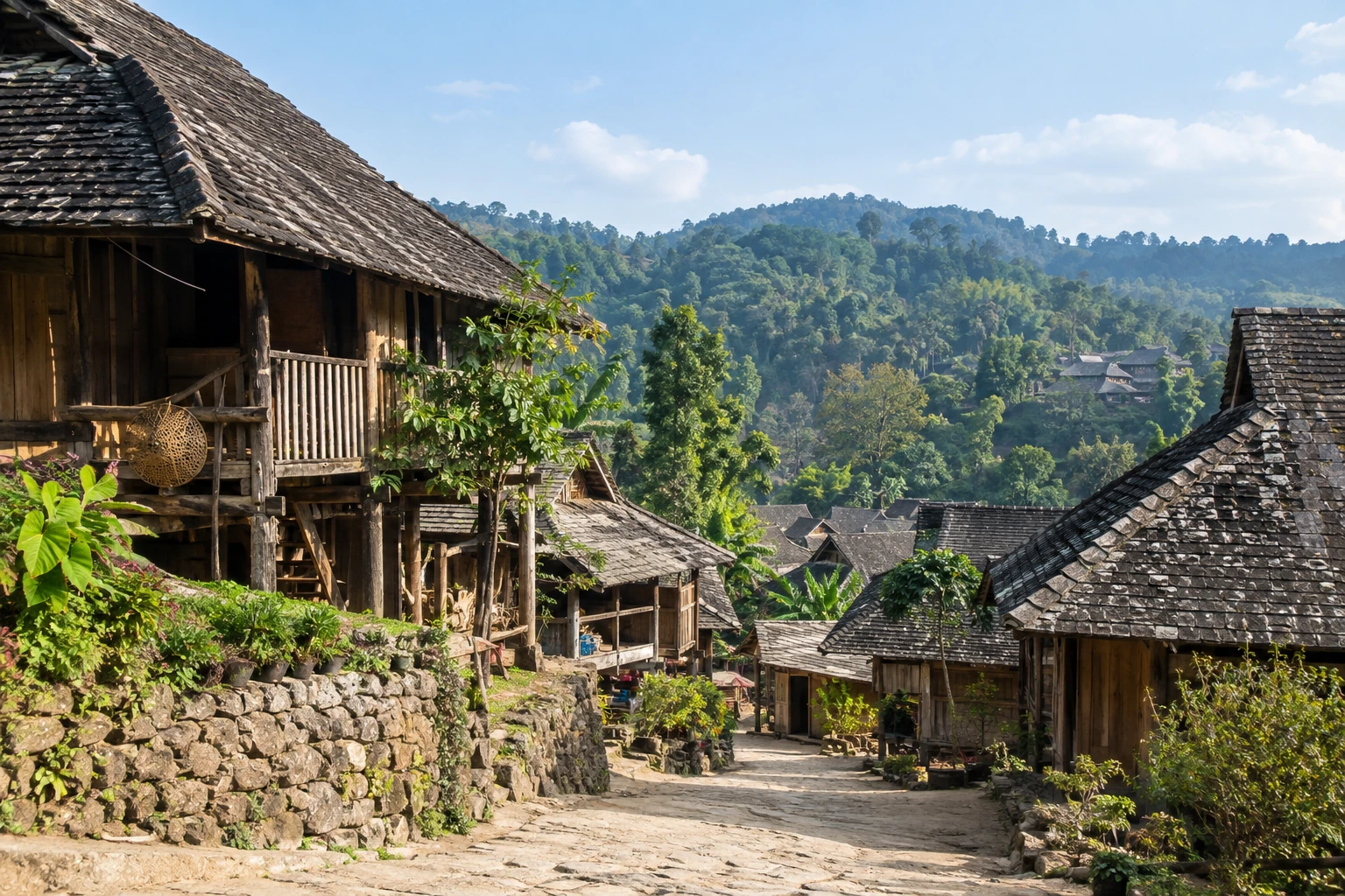 A quiet lane between timber homes in Nuogan