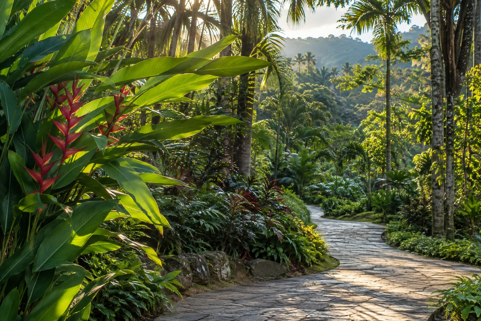 Tropical leaves and shaded paths in Xishuangbanna