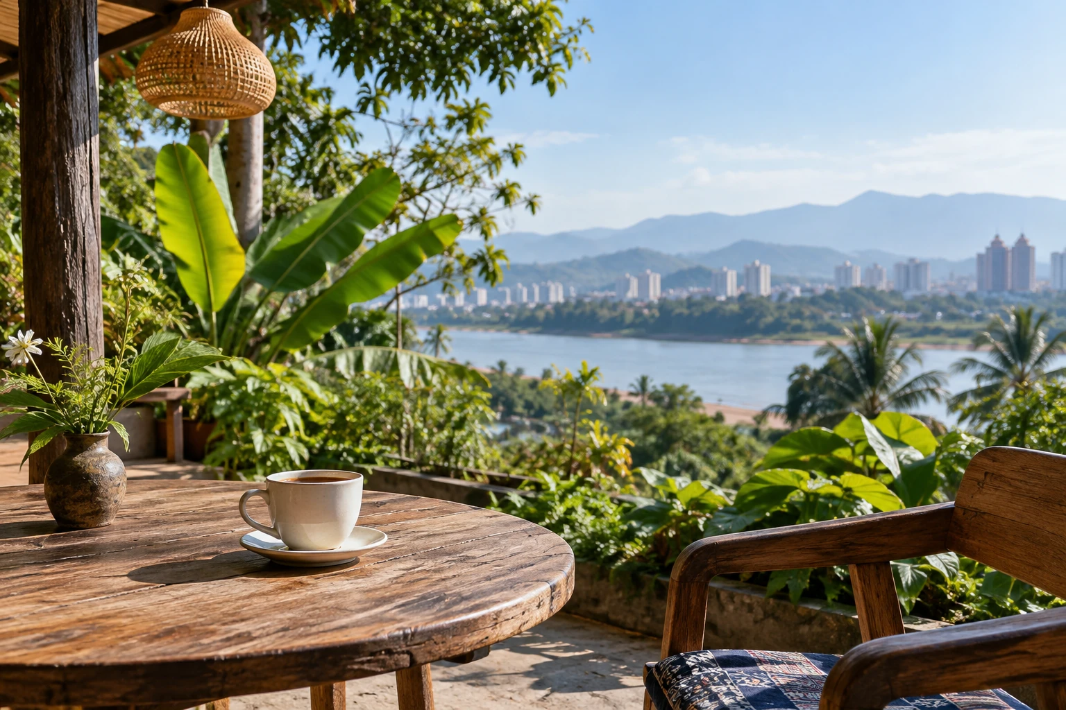 Tea beside tropical greenery in Jinghong
