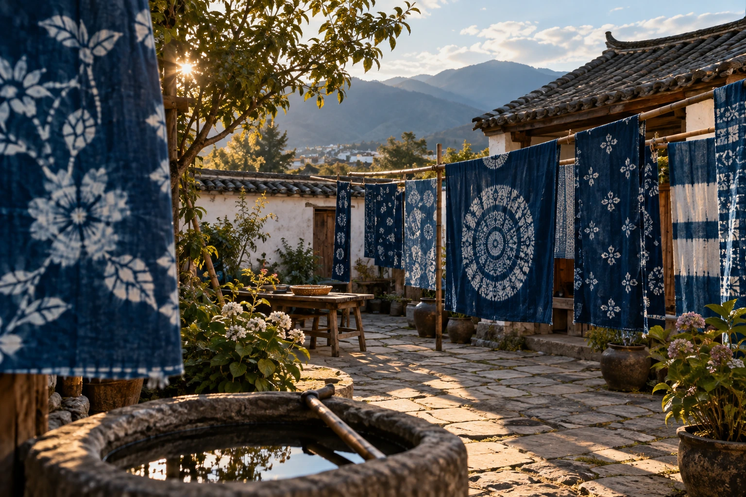 Indigo tie-dyed cloth in a Zhoucheng courtyard