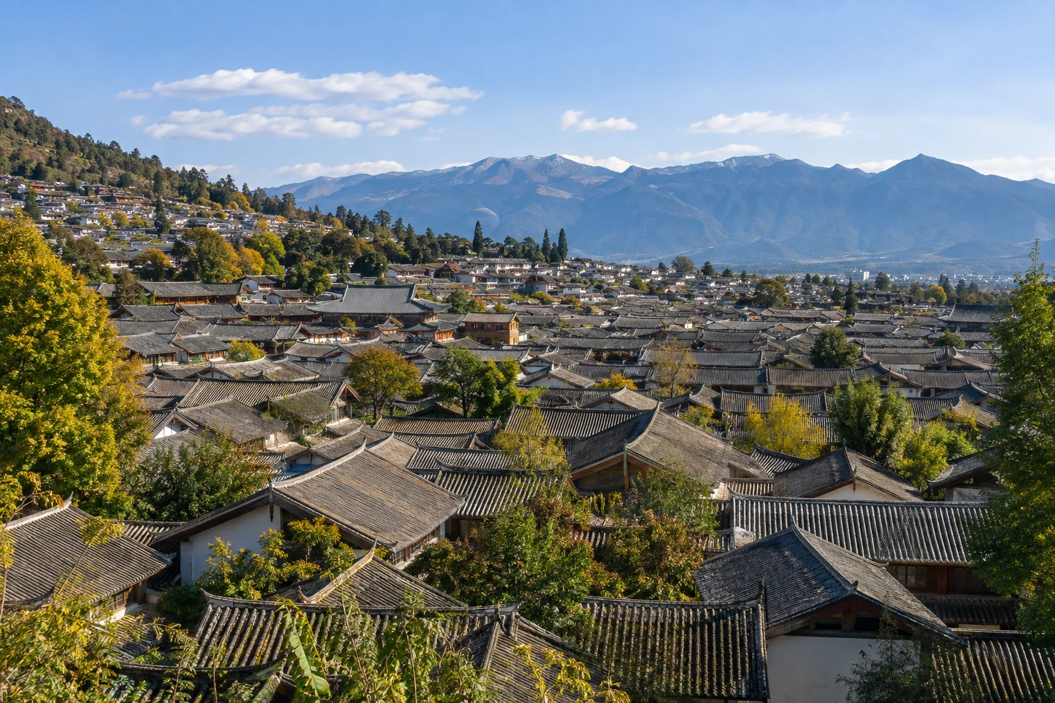 Grey tiled roofs across Lijiang Old Town