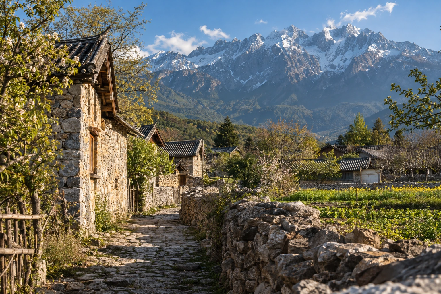 Stone houses in Yuhu village below Jade Dragon Snow Mountain