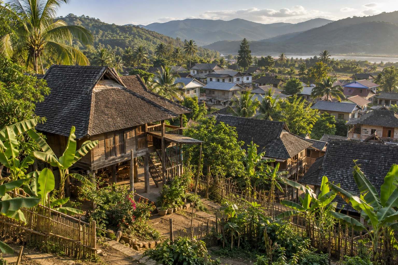 Dai village houses among tropical trees in Xishuangbanna