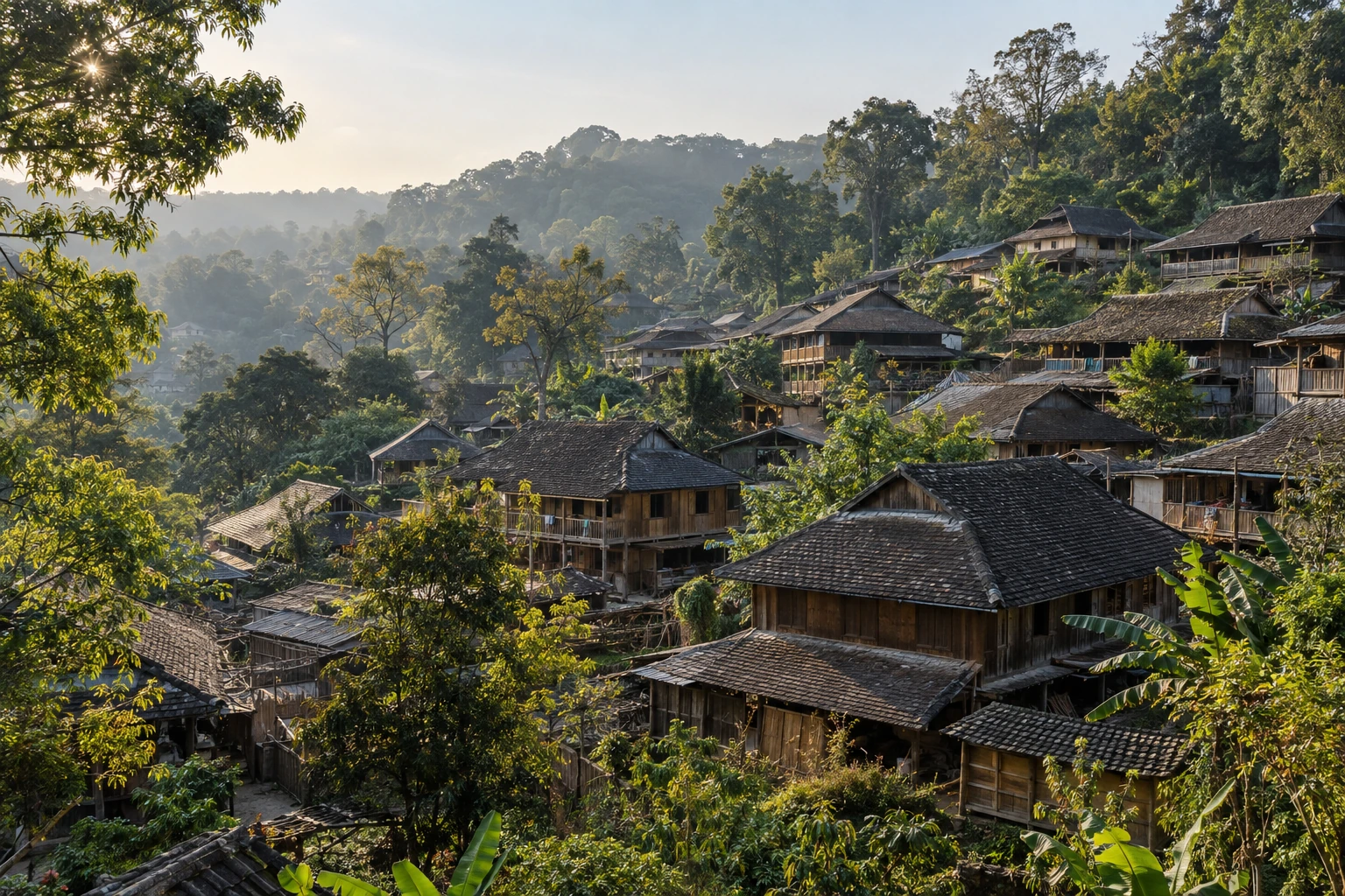 Tiled village roofs among trees in Wengji