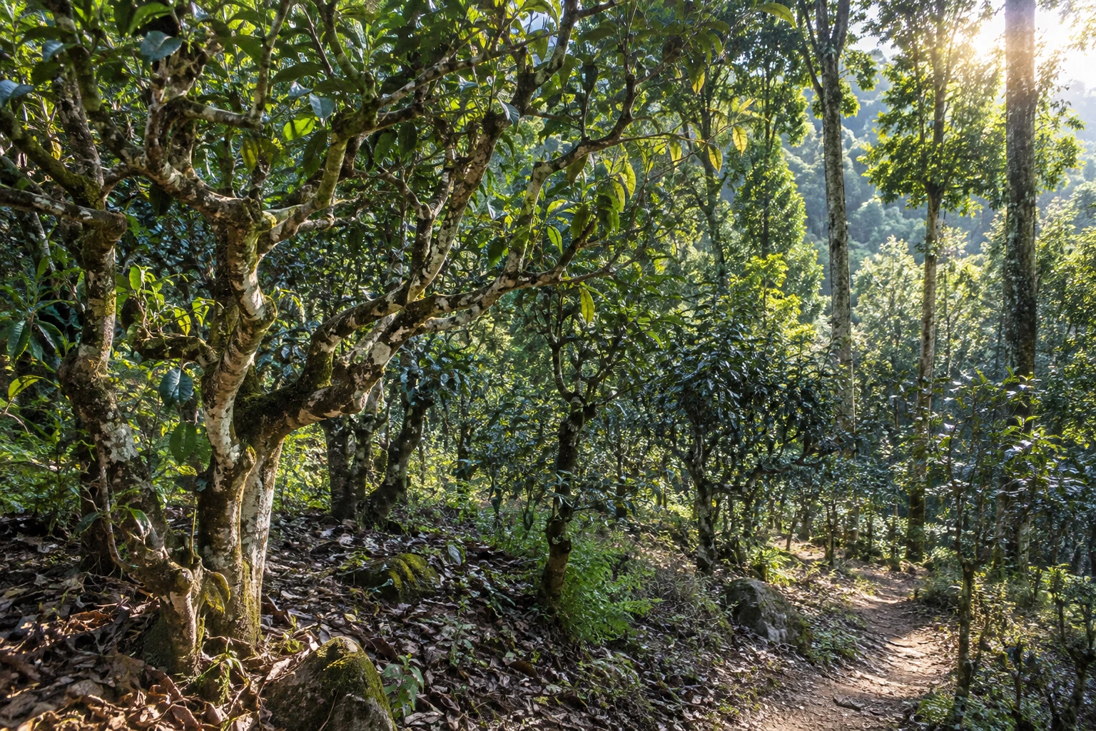 Ancient tea trees beneath the forest canopy on Jingmai Mountain