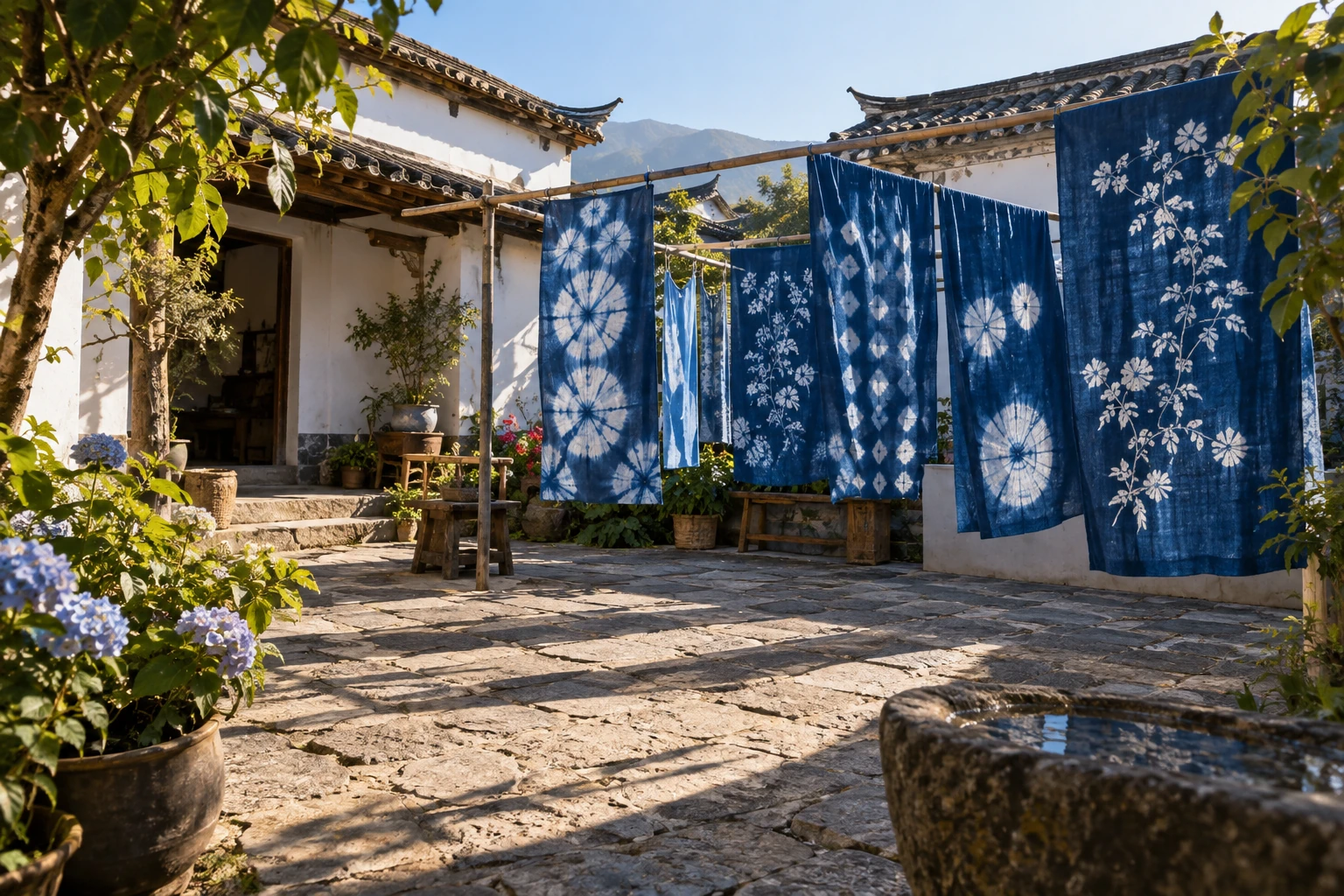 Indigo tie-dyed cloth in a Zhoucheng courtyard