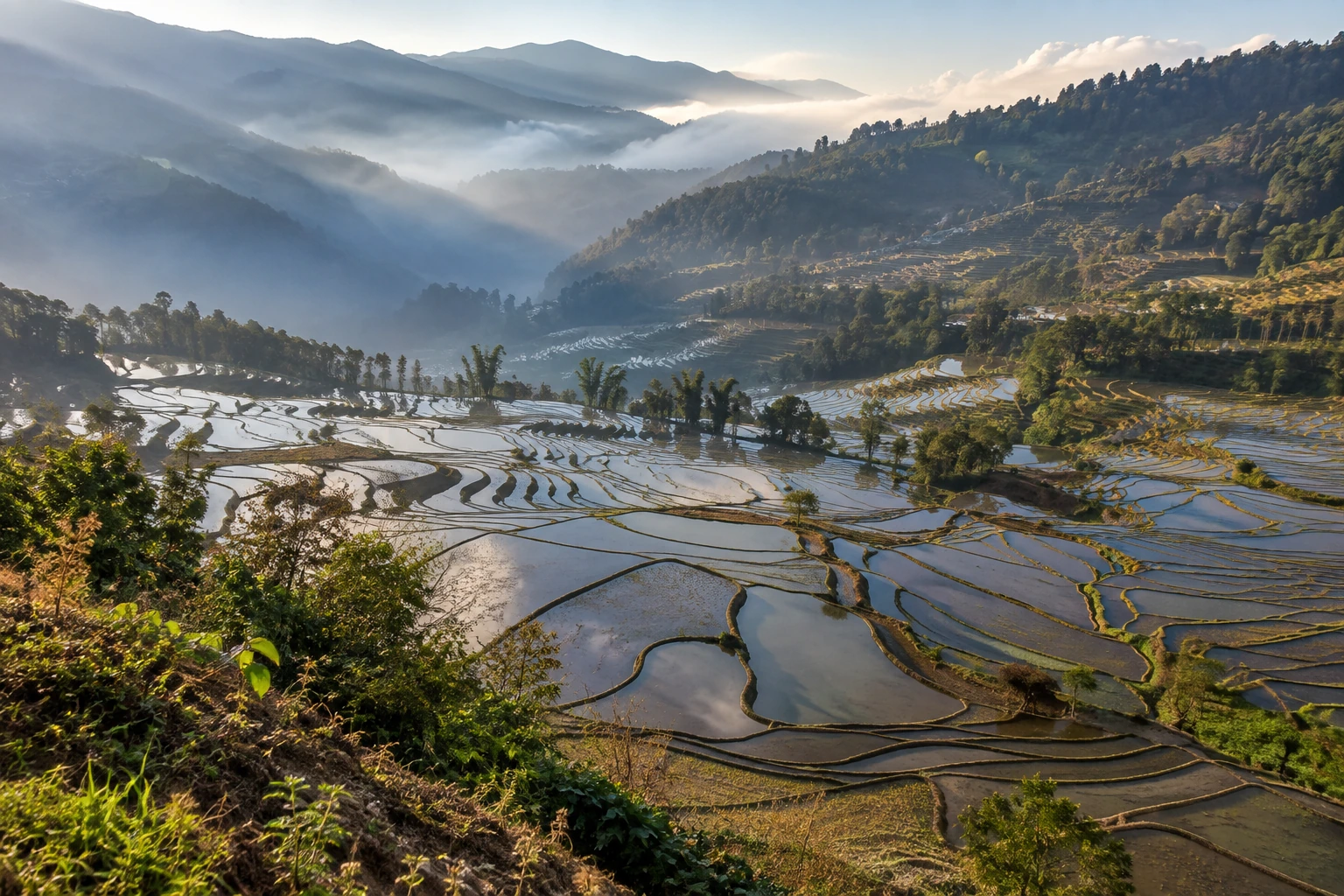 Dawn reflections in the Duoyishu rice terraces
