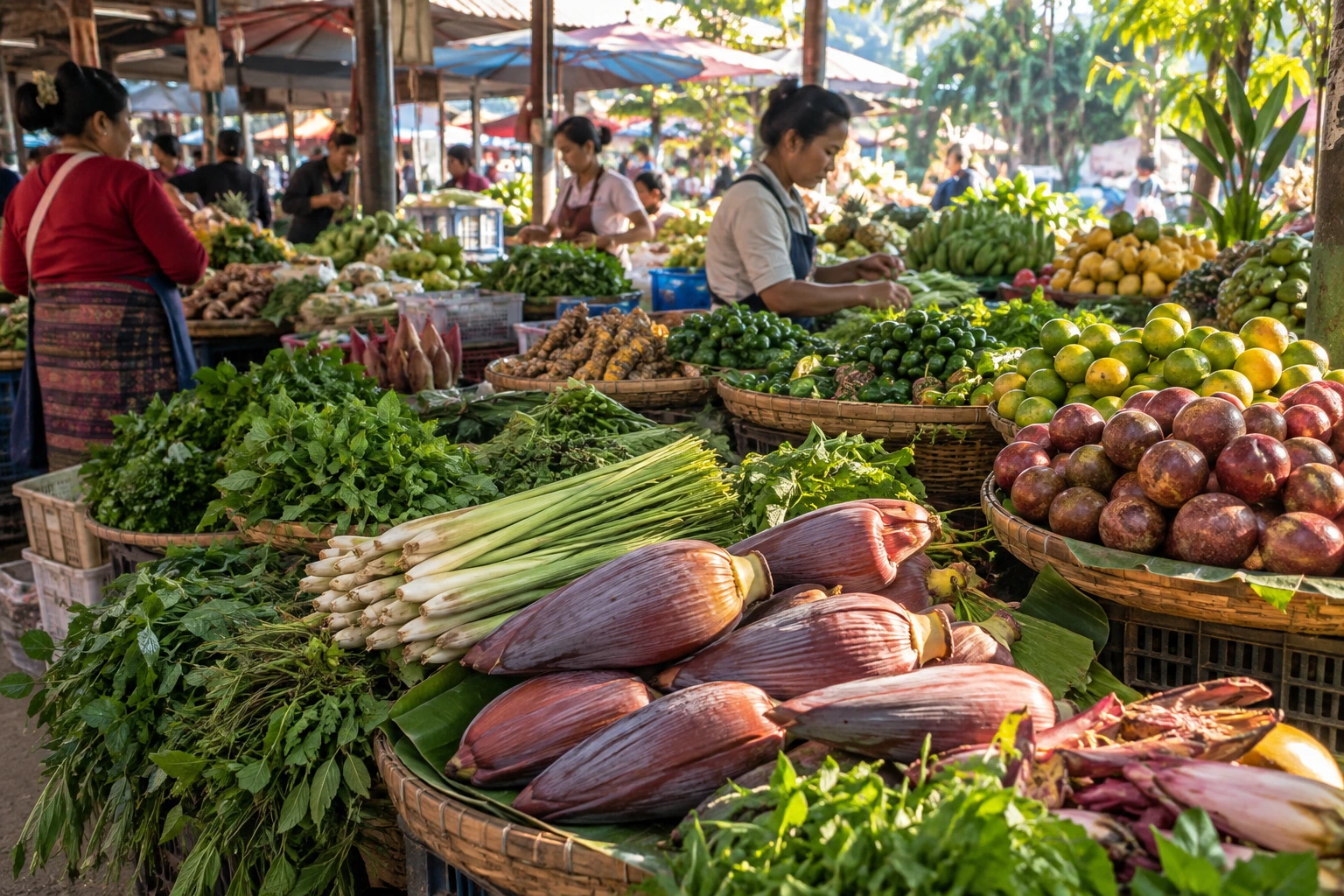 Herbs and tropical produce at a Jinghong market