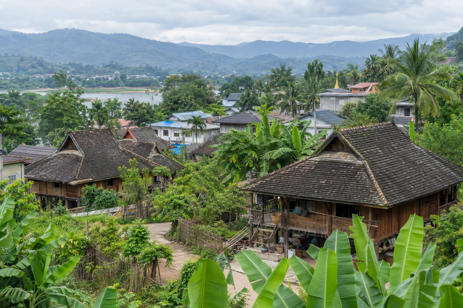 Dai village houses among tropical trees in Xishuangbanna