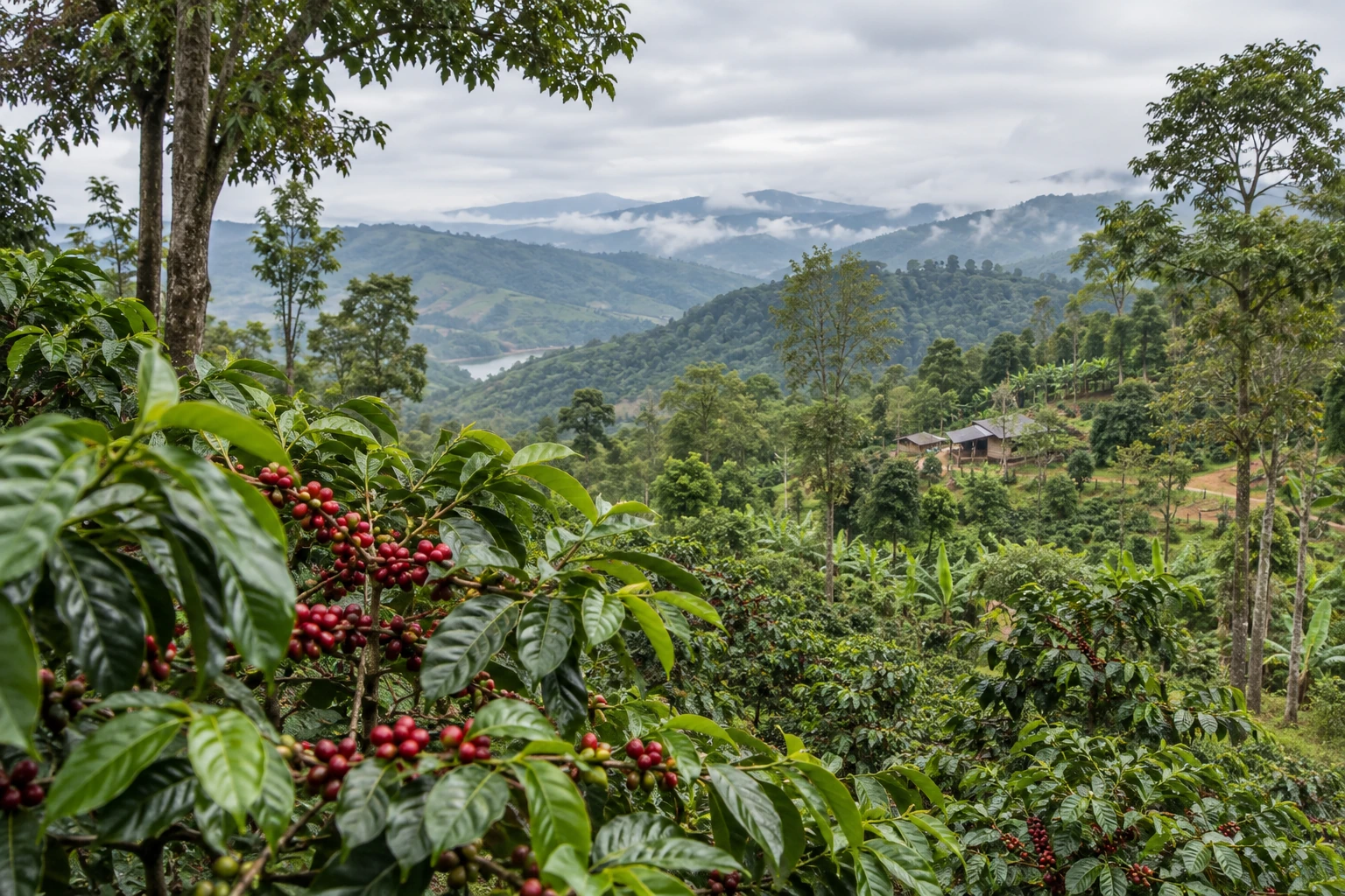 Coffee cherries on a shaded farm near Pu’er