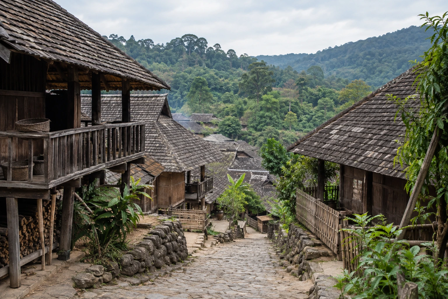 A quiet lane between timber homes in Nuogan