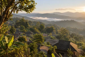 Forested ridges and low cloud on Jingmai Mountain