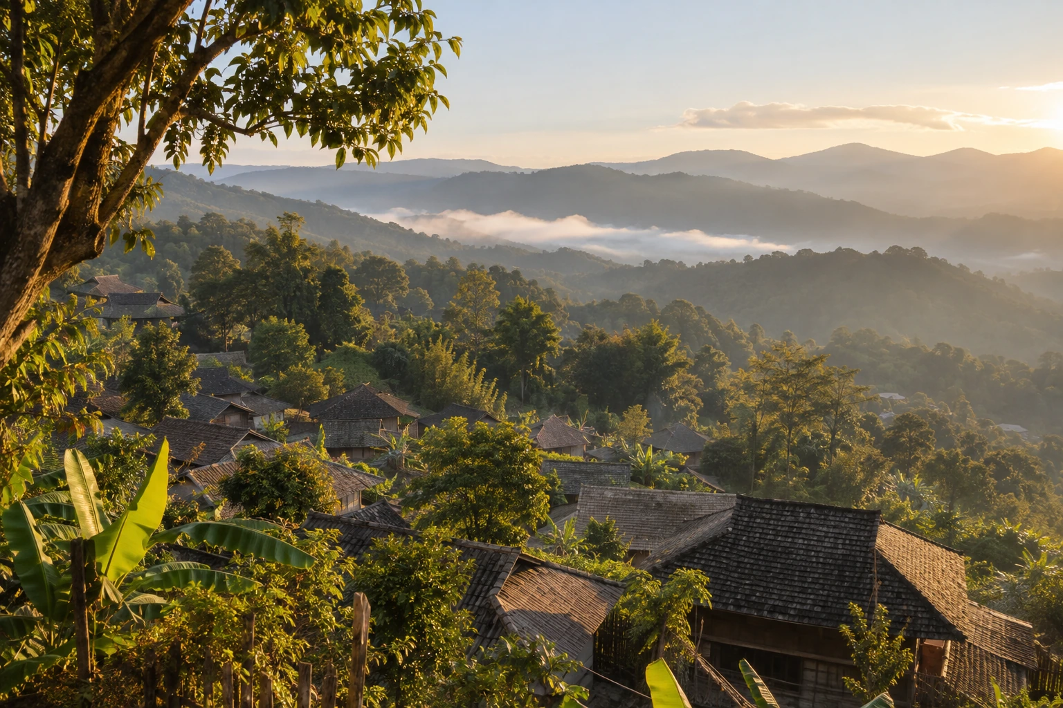 Forested ridges and low cloud on Jingmai Mountain