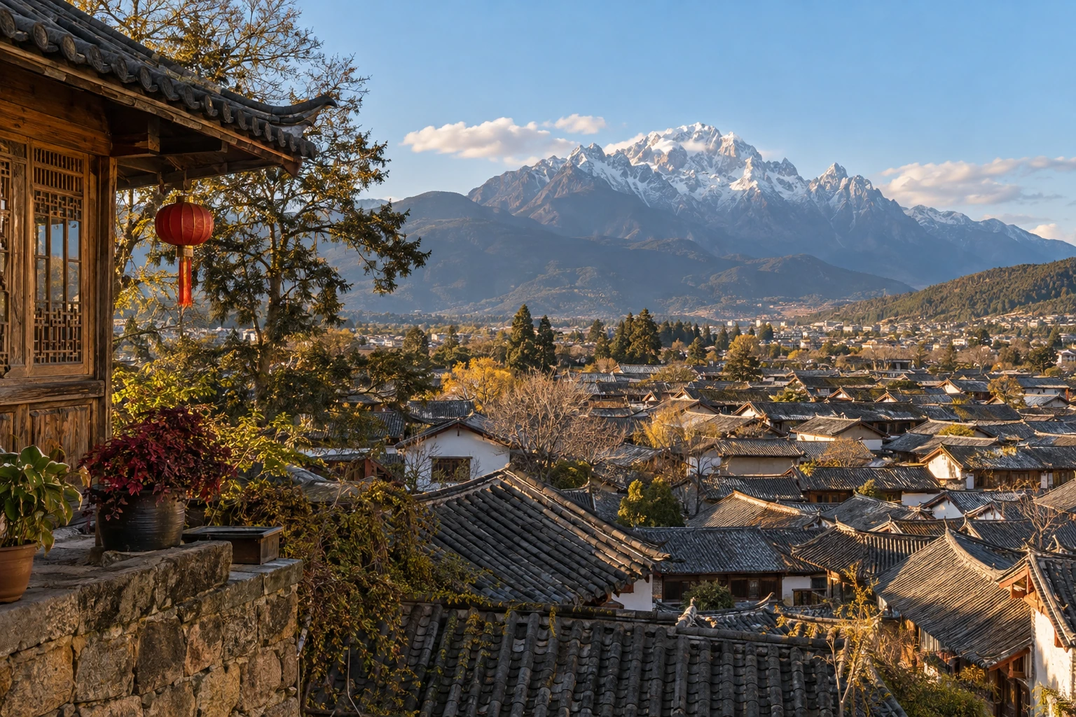 Grey tiled roofs across Lijiang Old Town