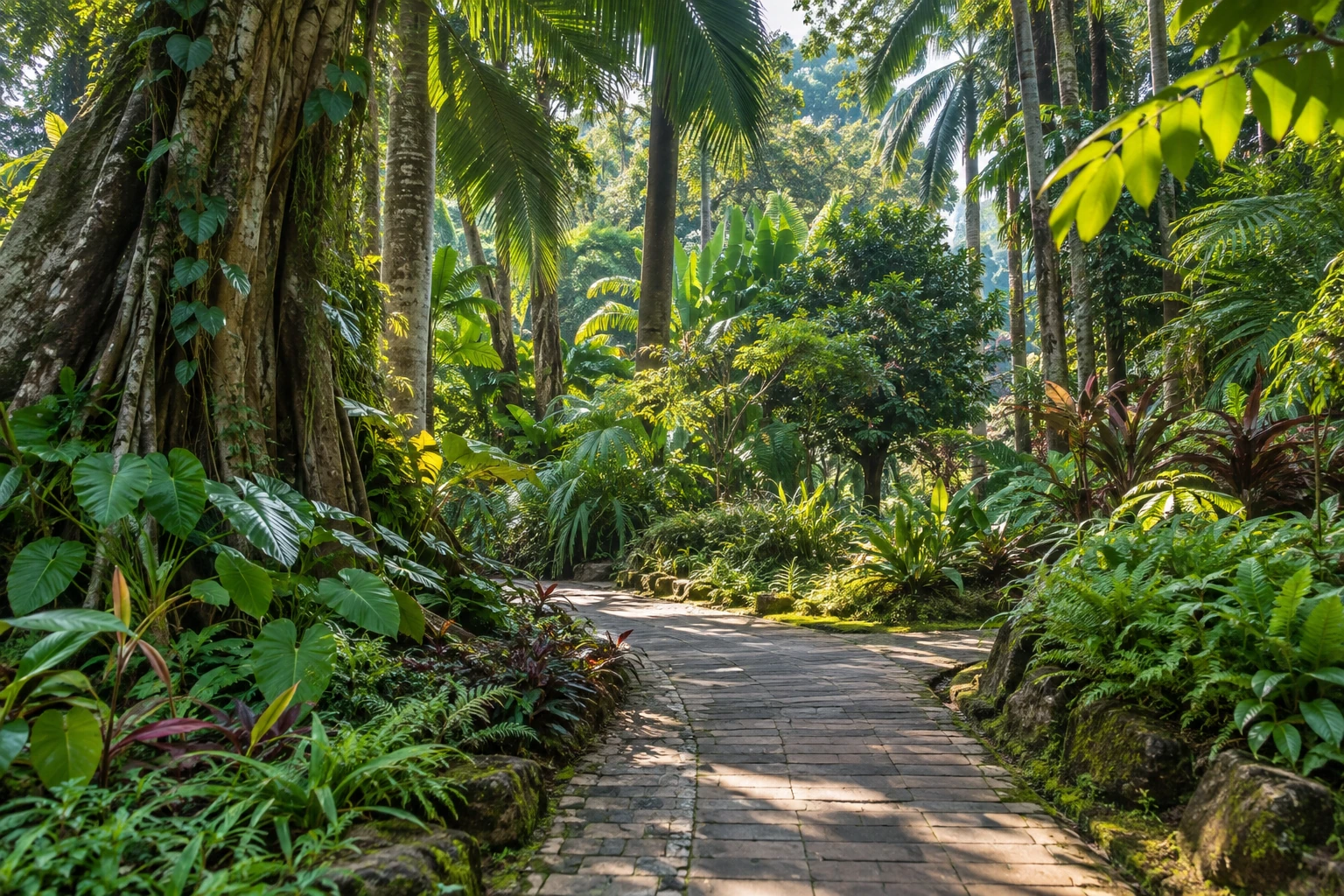 Tropical leaves and shaded paths in Xishuangbanna