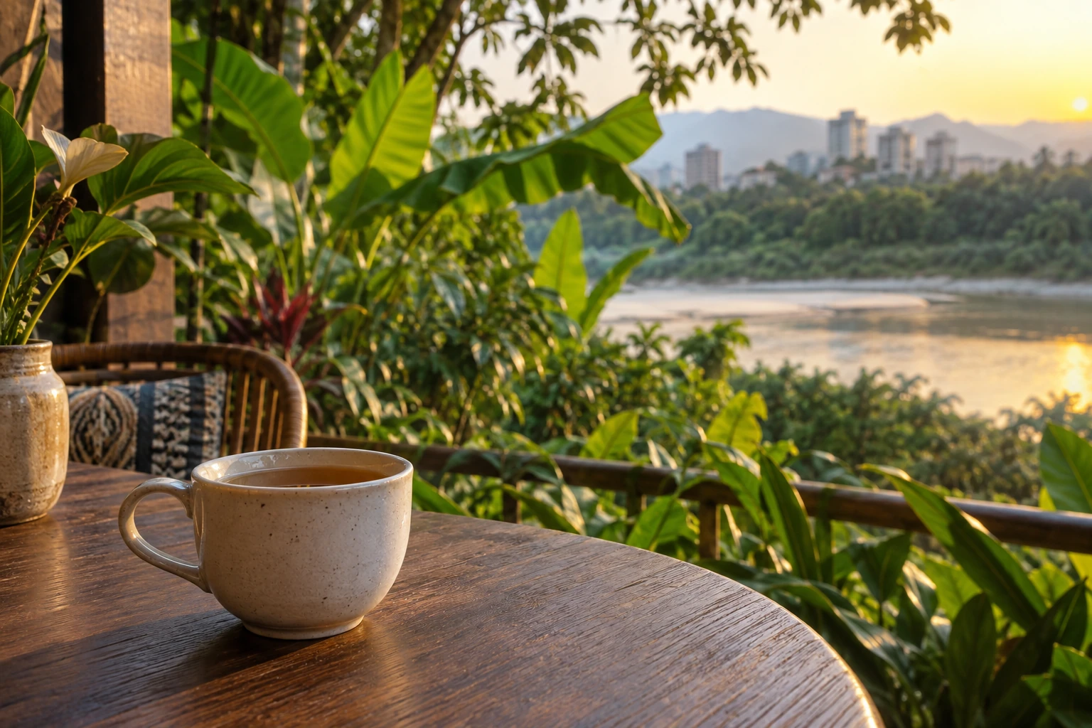 Tea beside tropical greenery in Jinghong