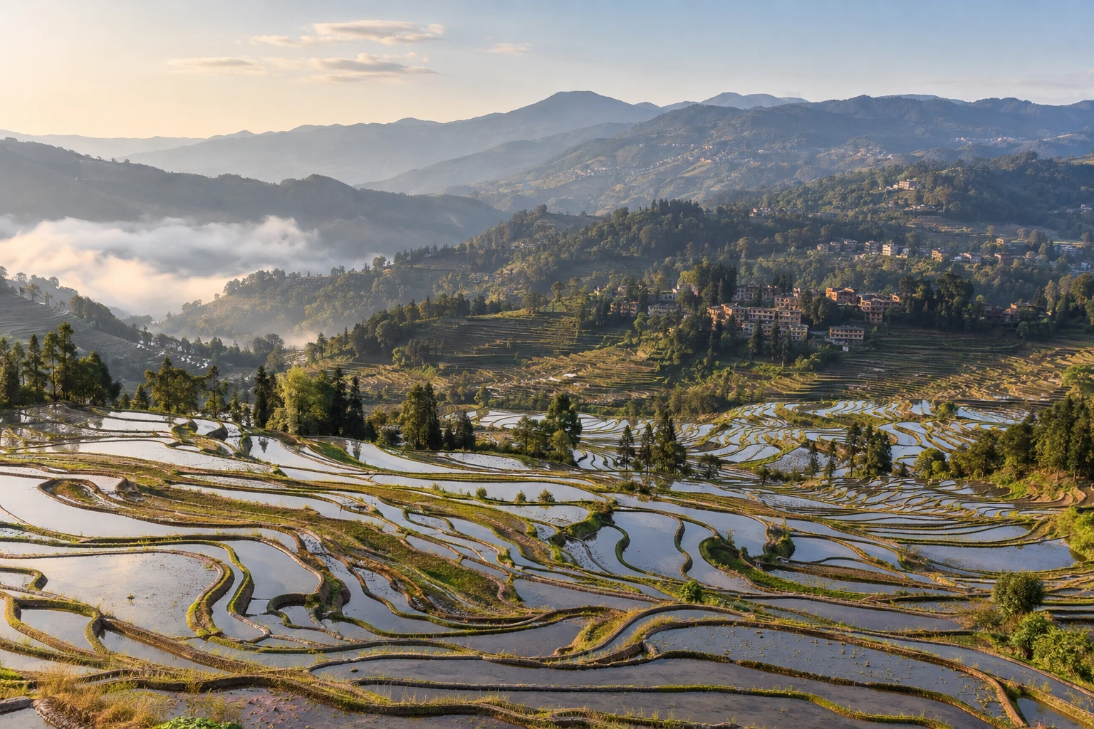 Layered rice terraces across the Bada valley in Yuanyang