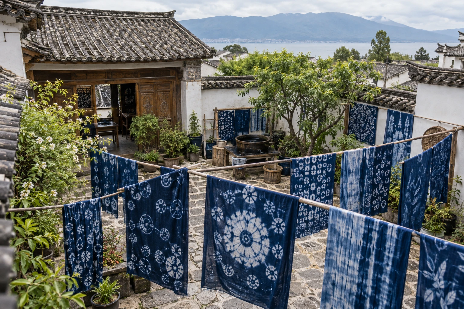 Indigo tie-dyed cloth in a Zhoucheng courtyard