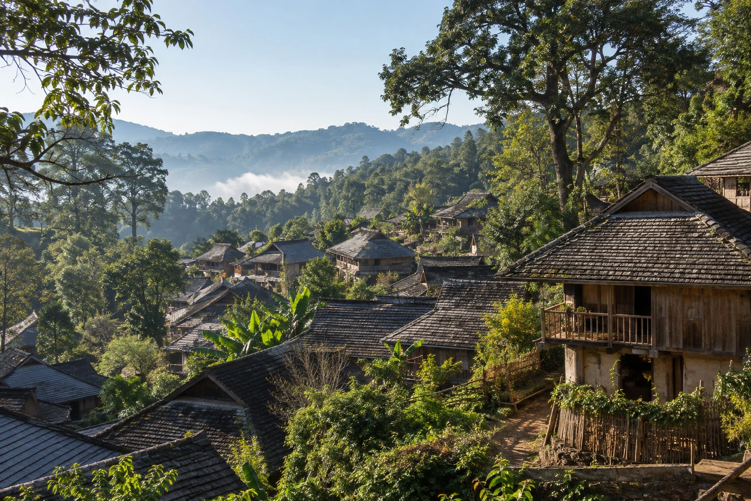 Tiled village roofs among trees in Wengji