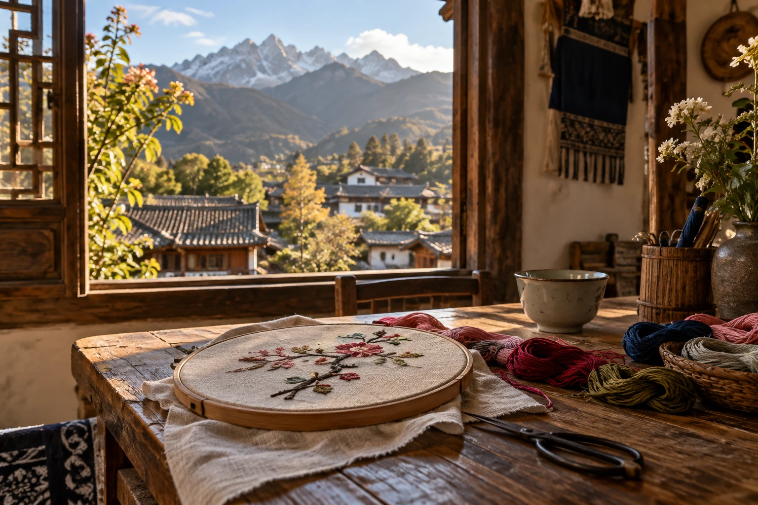 Traditional hand embroidery in a Lijiang workshop