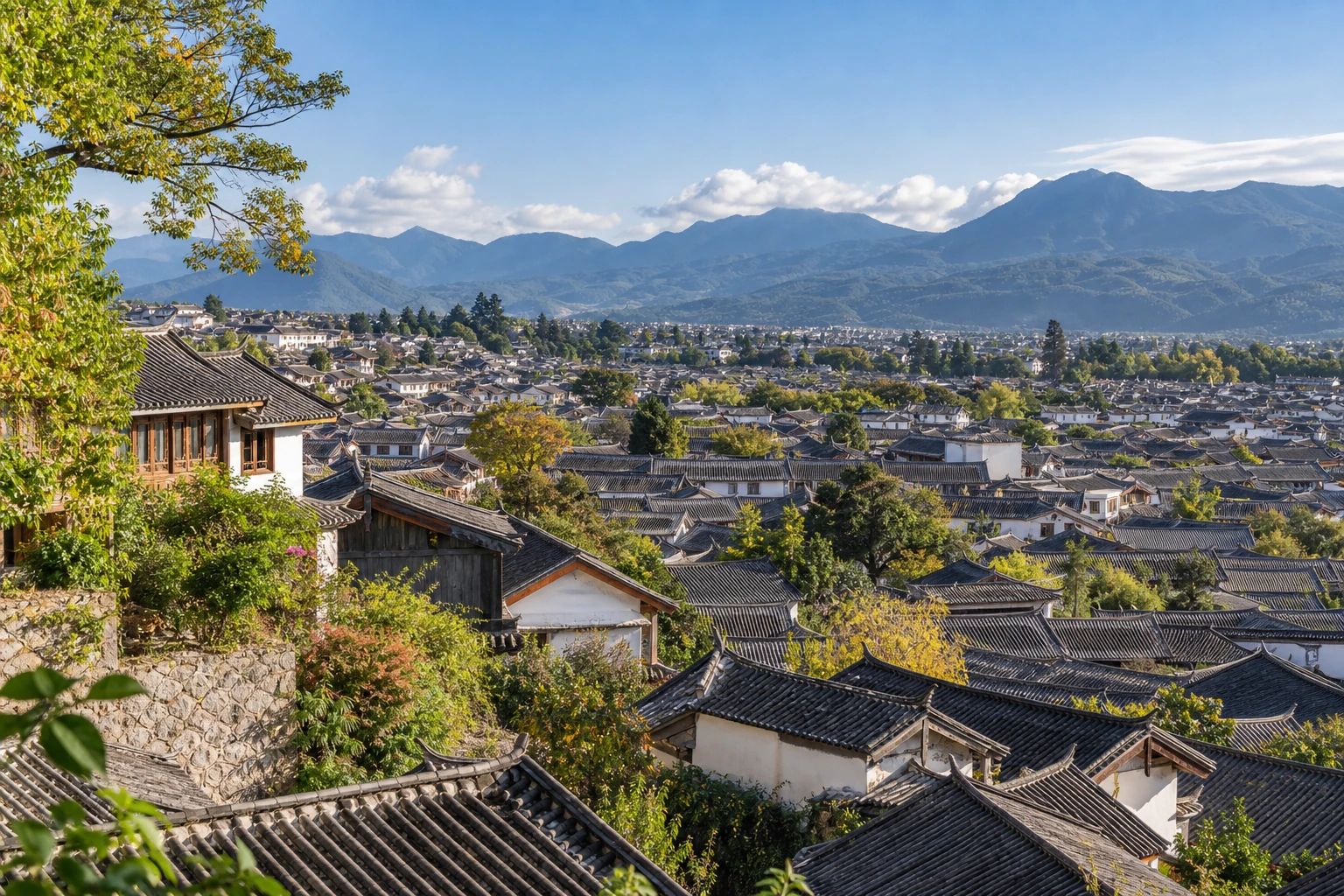 Grey tiled roofs across Lijiang Old Town