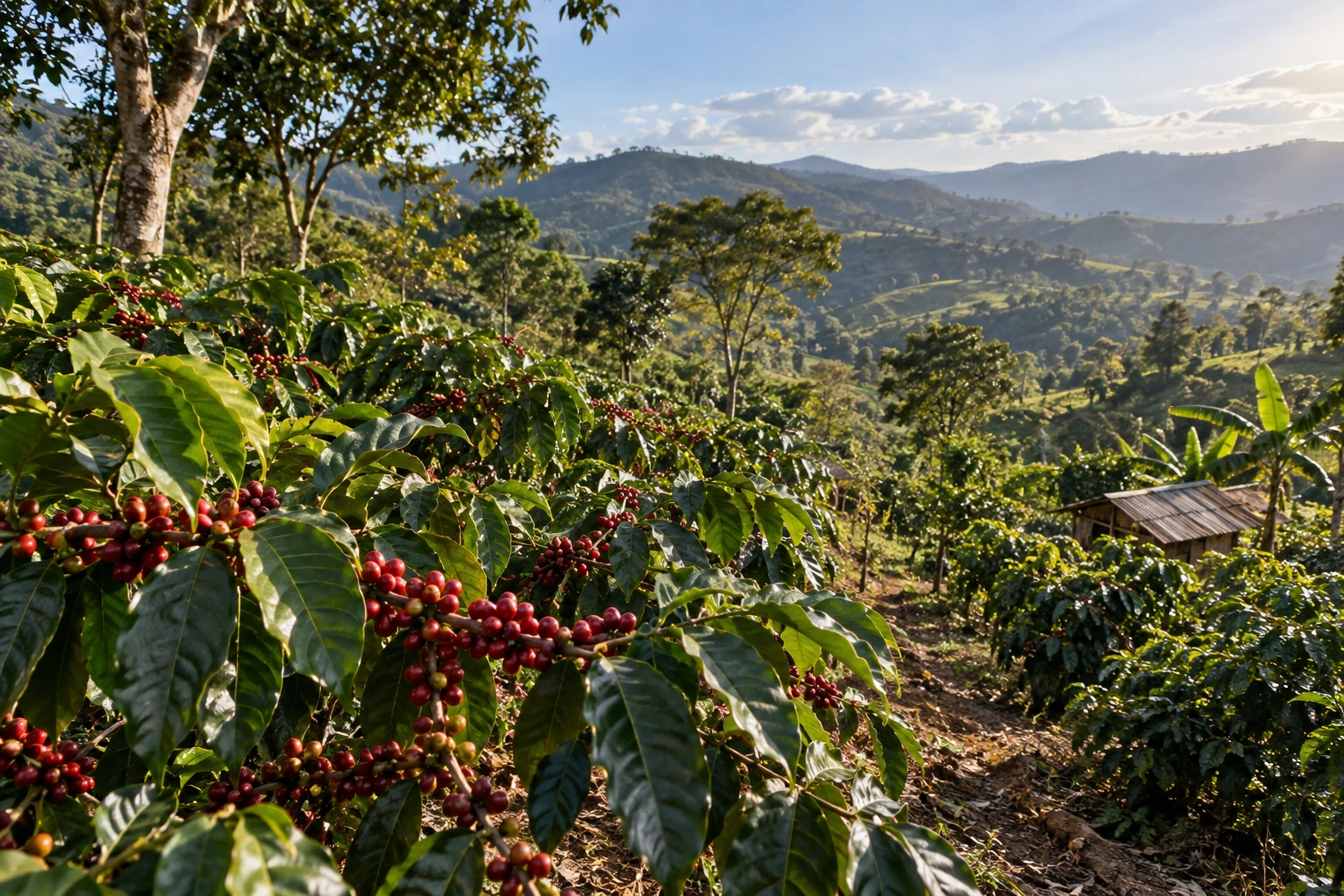Coffee cherries on a shaded farm near Pu’er