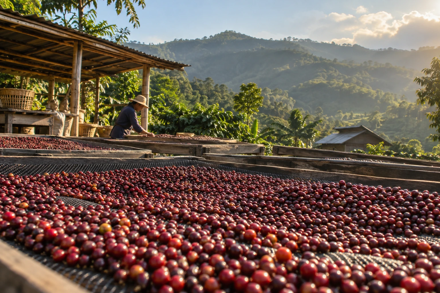 Coffee cherries drying on raised beds near Pu’er