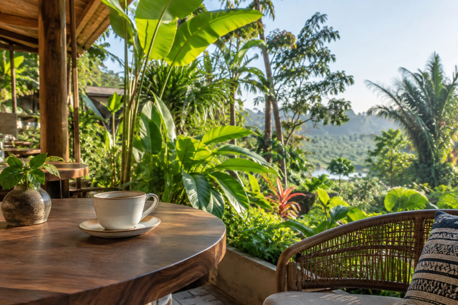 Tea beside tropical greenery in Jinghong