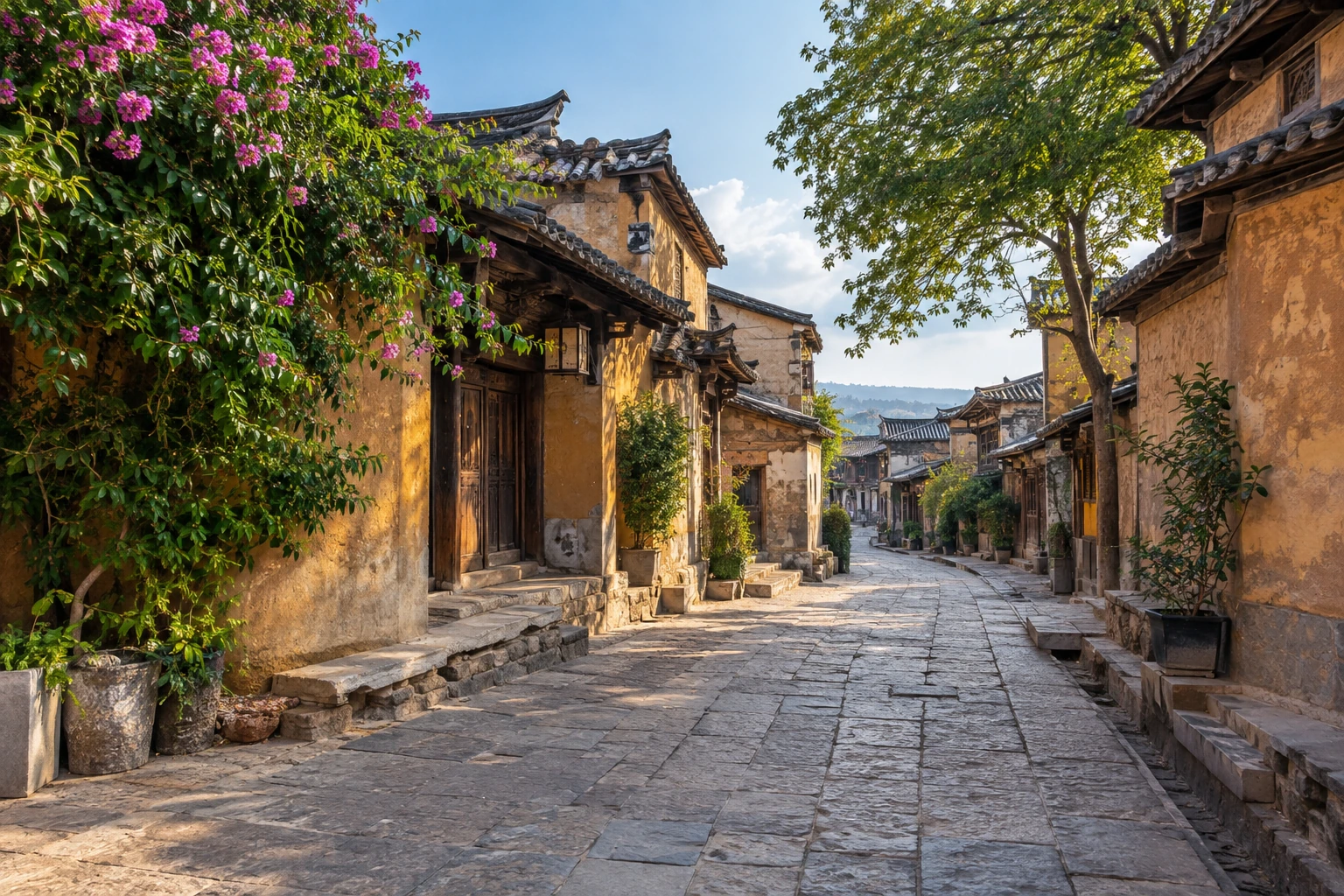 Historic tiled roofs and a lane in Jianshui
