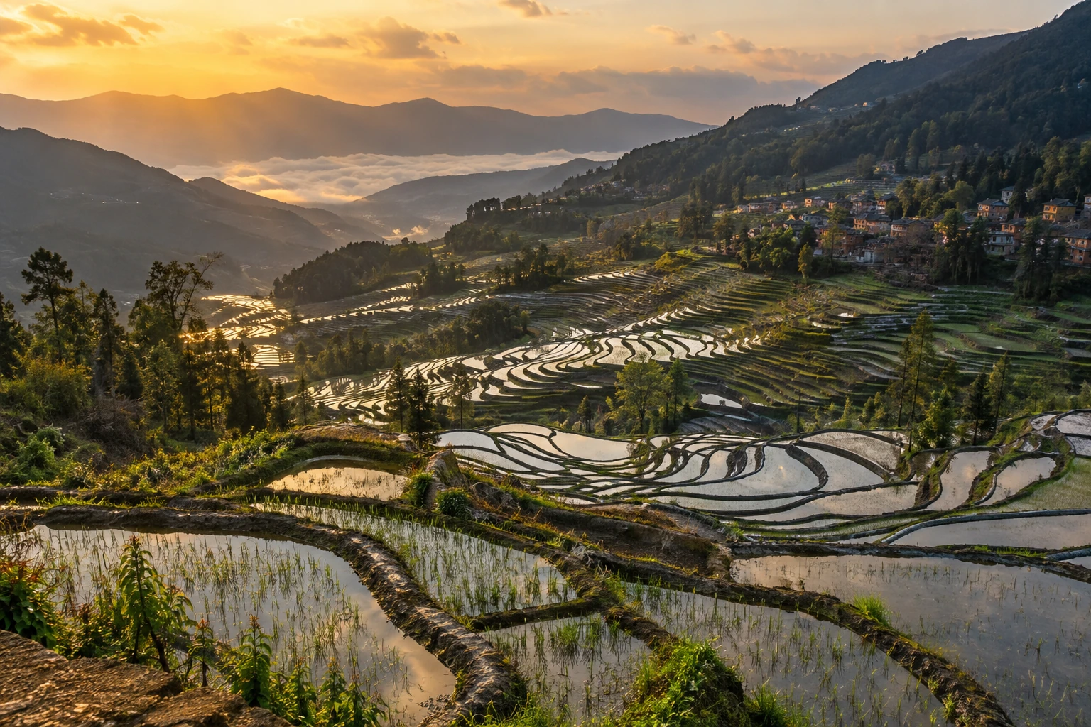 Layered rice terraces across the Bada valley in Yuanyang
