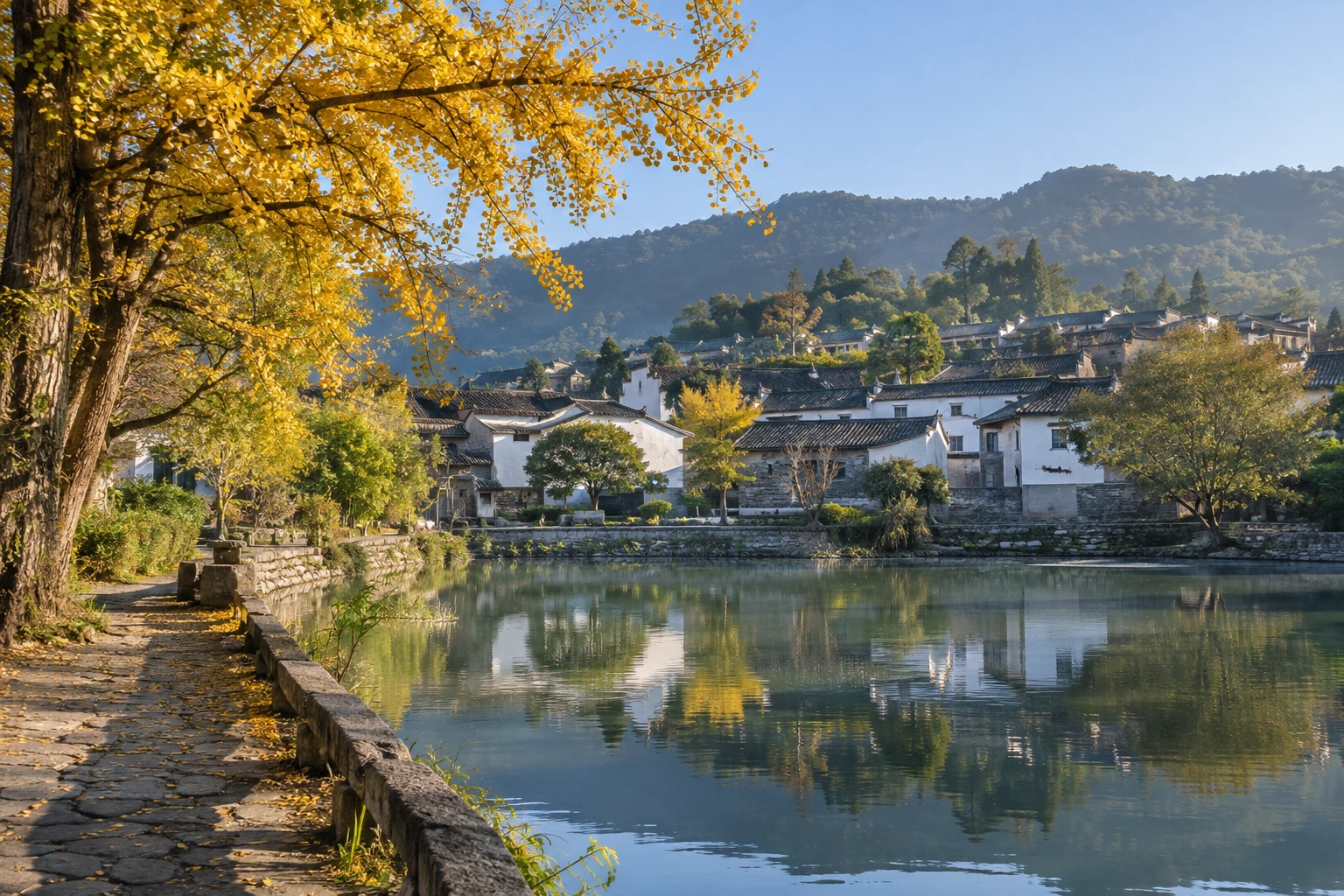 Traditional Heshun houses beside a village pond