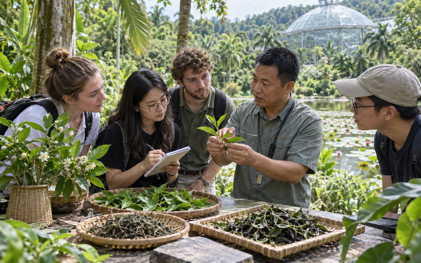 Students comparing tropical plant specimens and Pu'er tea leaves in Xishuangbanna