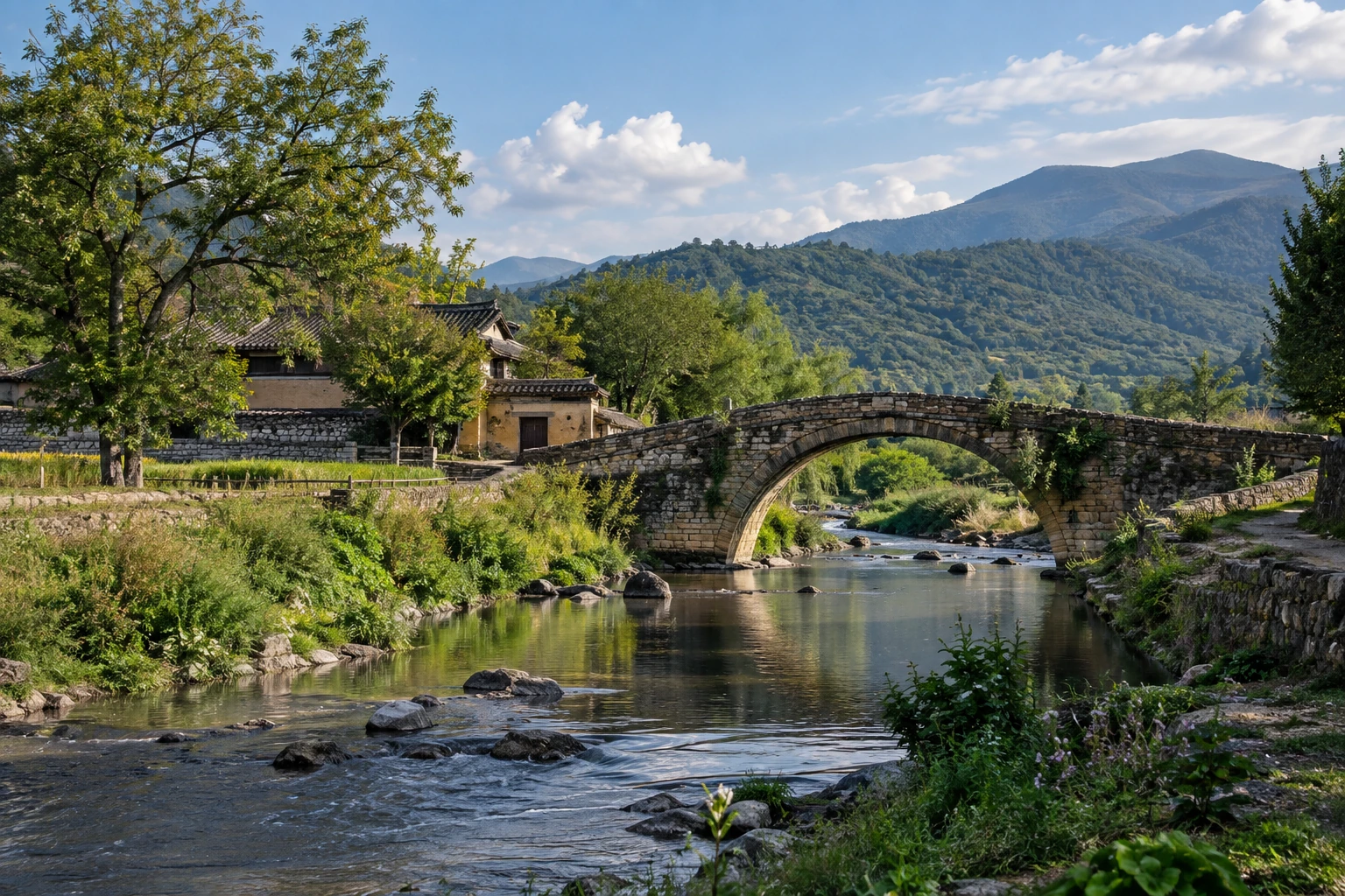 A stone bridge and countryside beside Shaxi