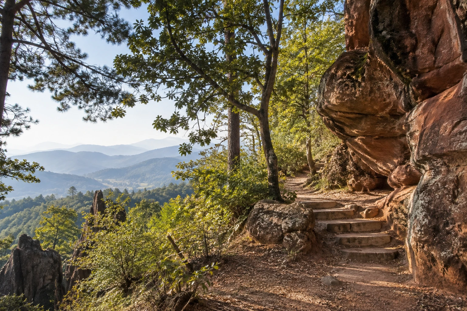 Weathered stone and forest paths in the Shibaoshan area