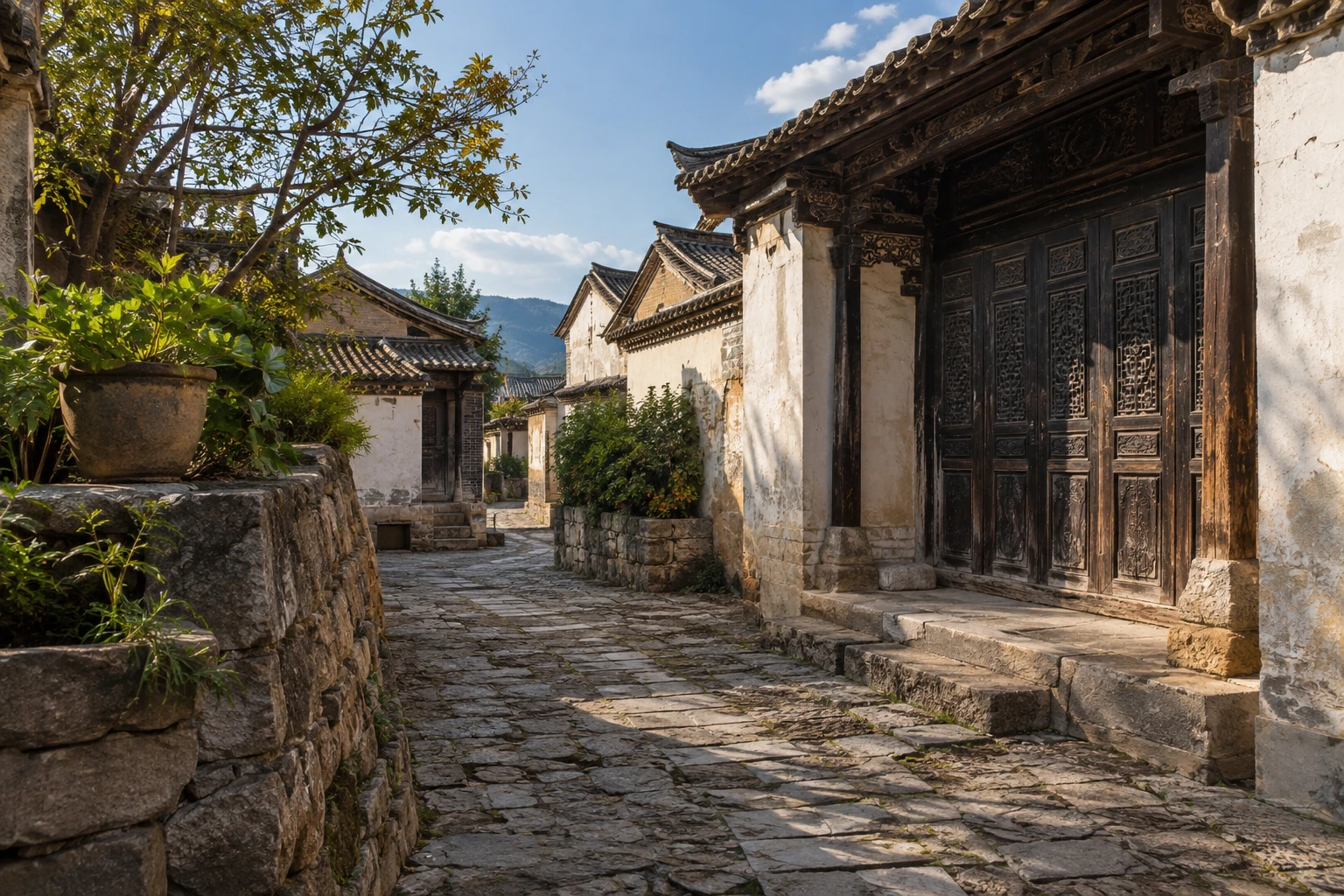 Woodwork and stone paving in a Tuanshan courtyard