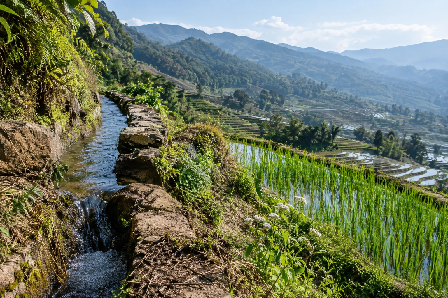 Water channels beside working rice terraces in Yuanyang