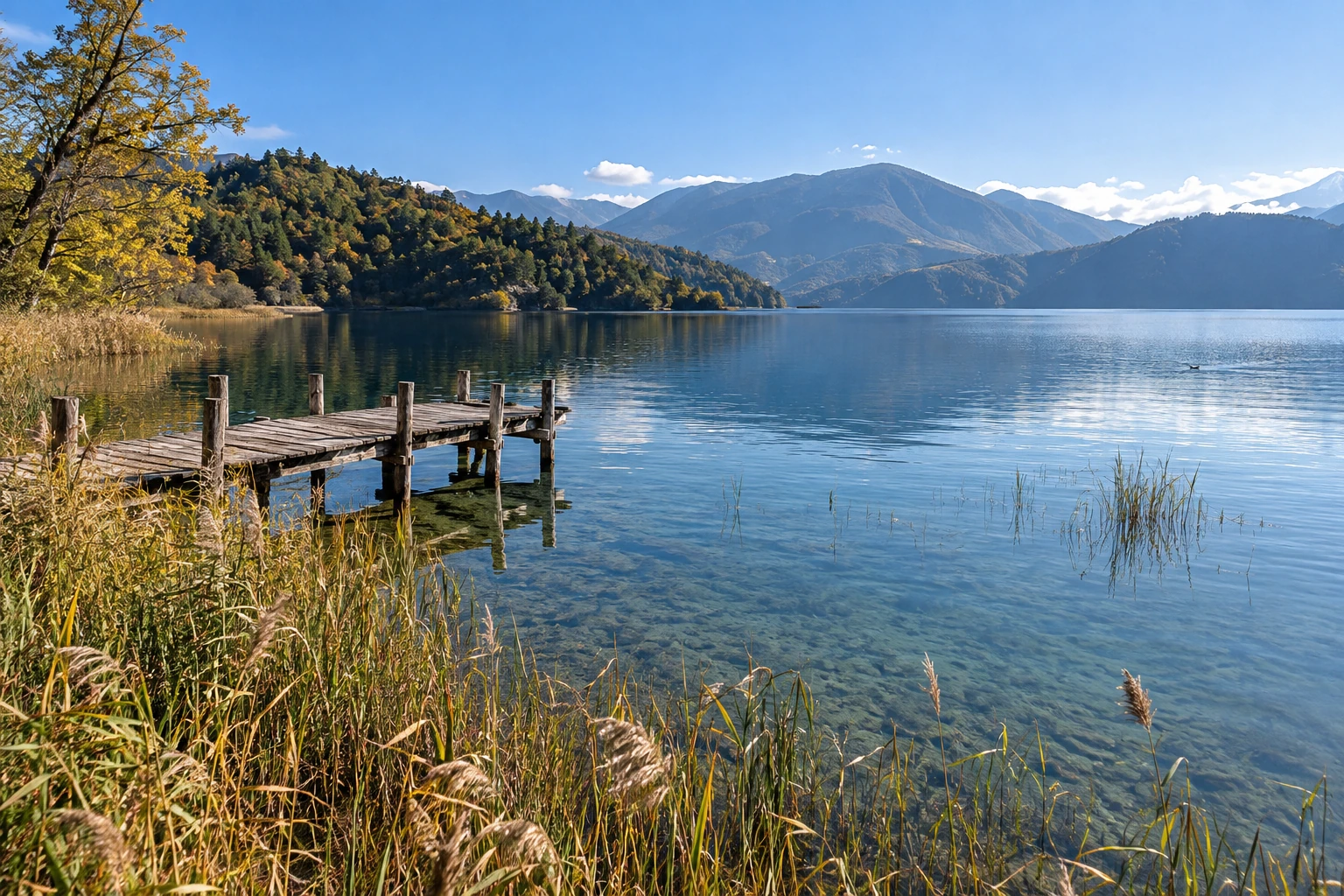 Reeds beside a quiet bay at Lugu Lake