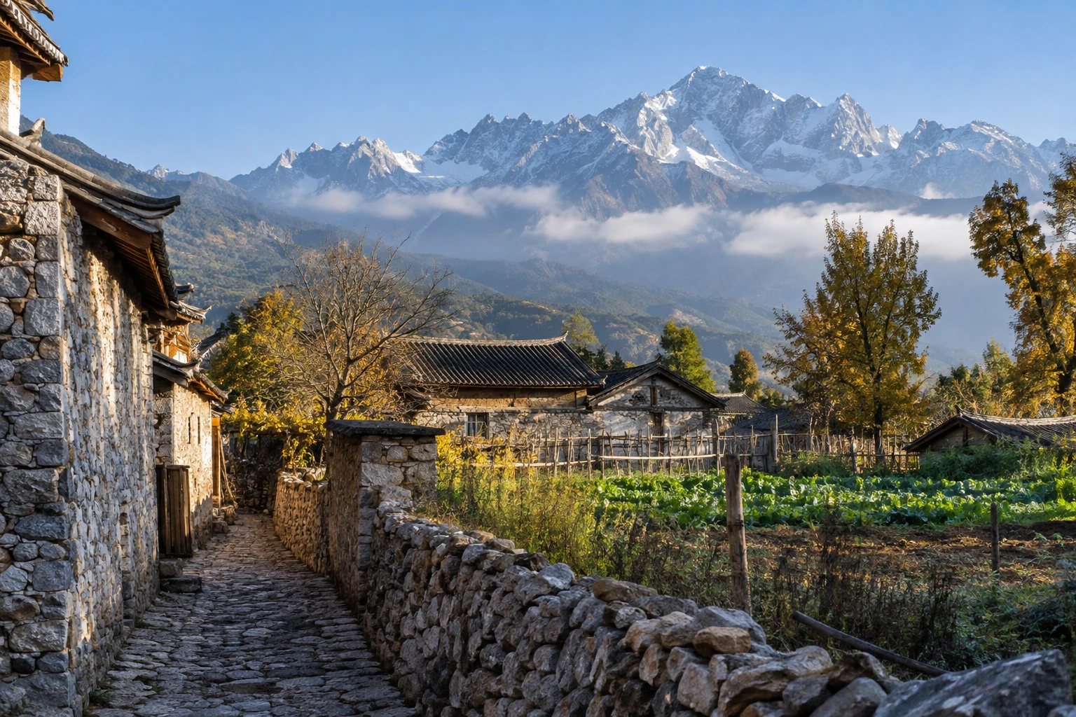 Stone houses in Yuhu village below Jade Dragon Snow Mountain
