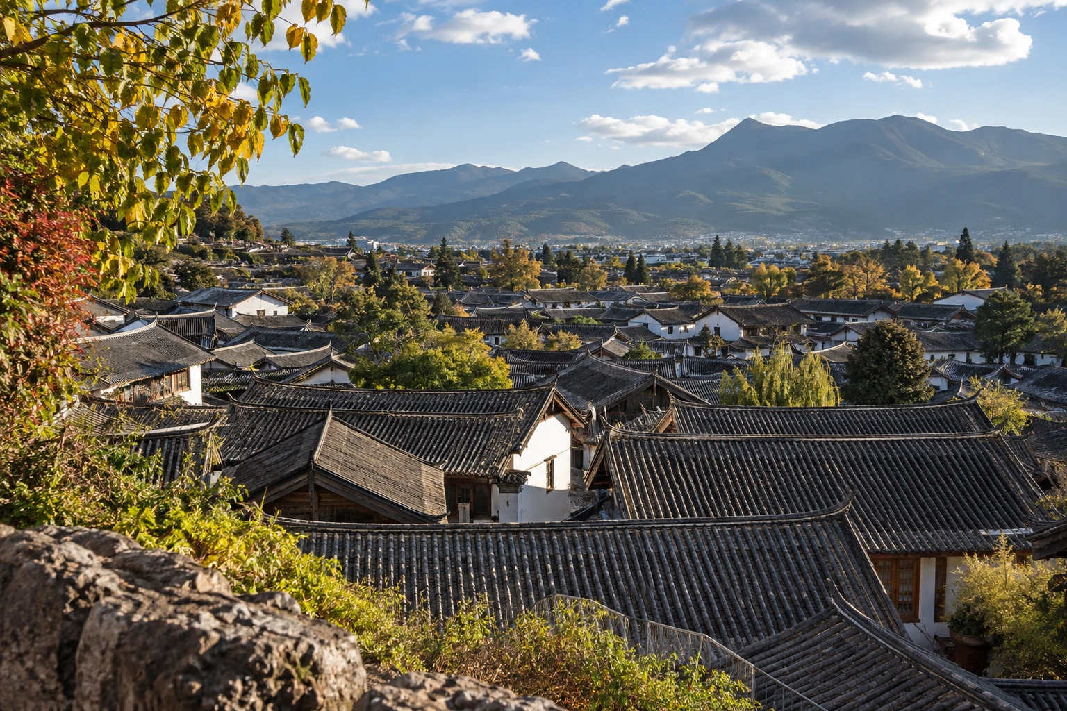 Grey tiled roofs across Lijiang Old Town