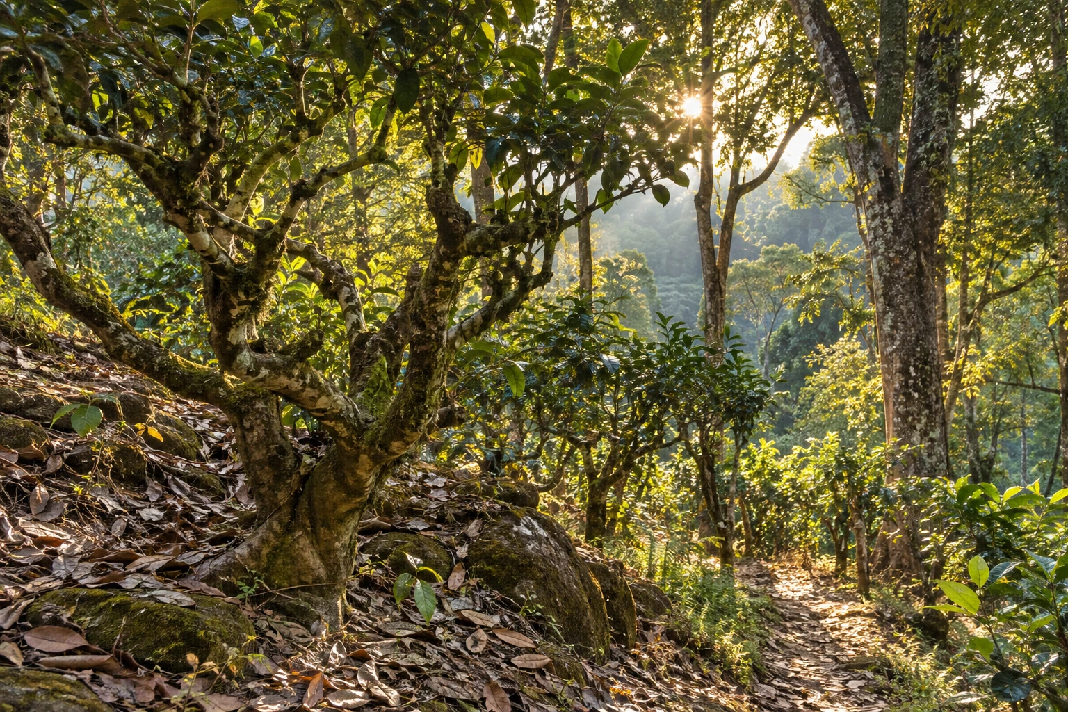 Ancient tea trees beneath the forest canopy on Jingmai Mountain