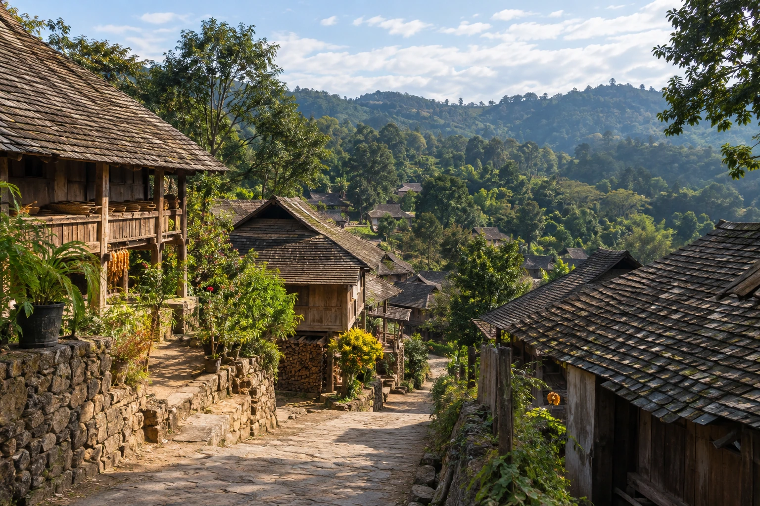 A quiet lane between timber homes in Nuogan