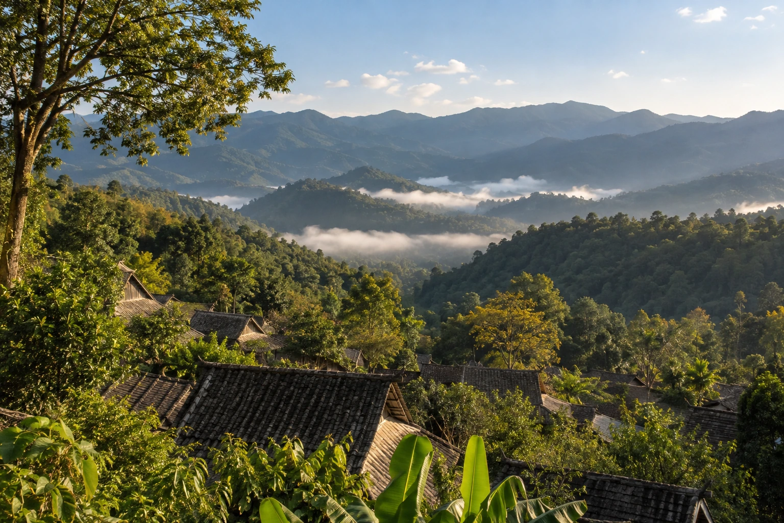 Forested ridges and low cloud on Jingmai Mountain