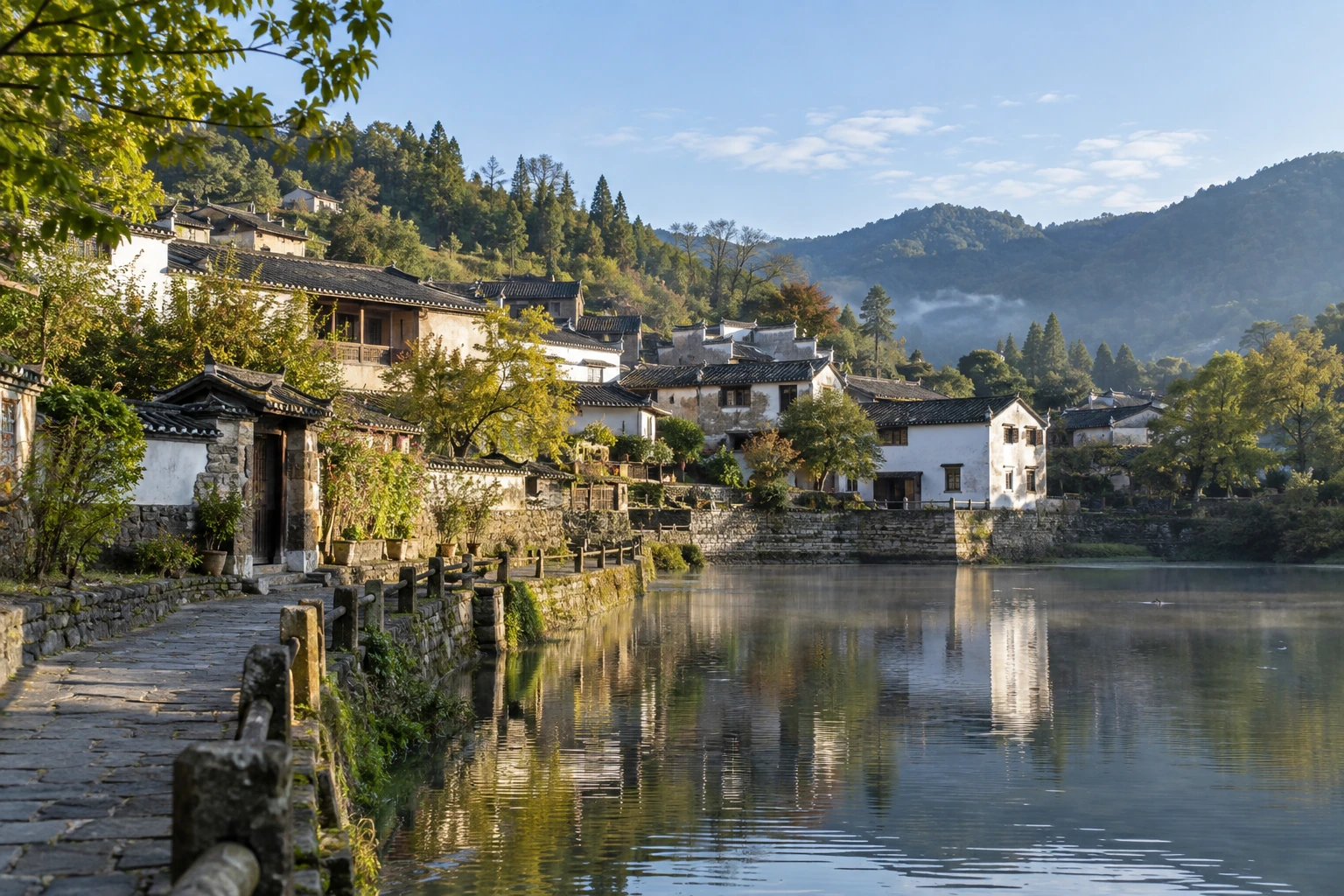 Traditional Heshun houses beside a village pond