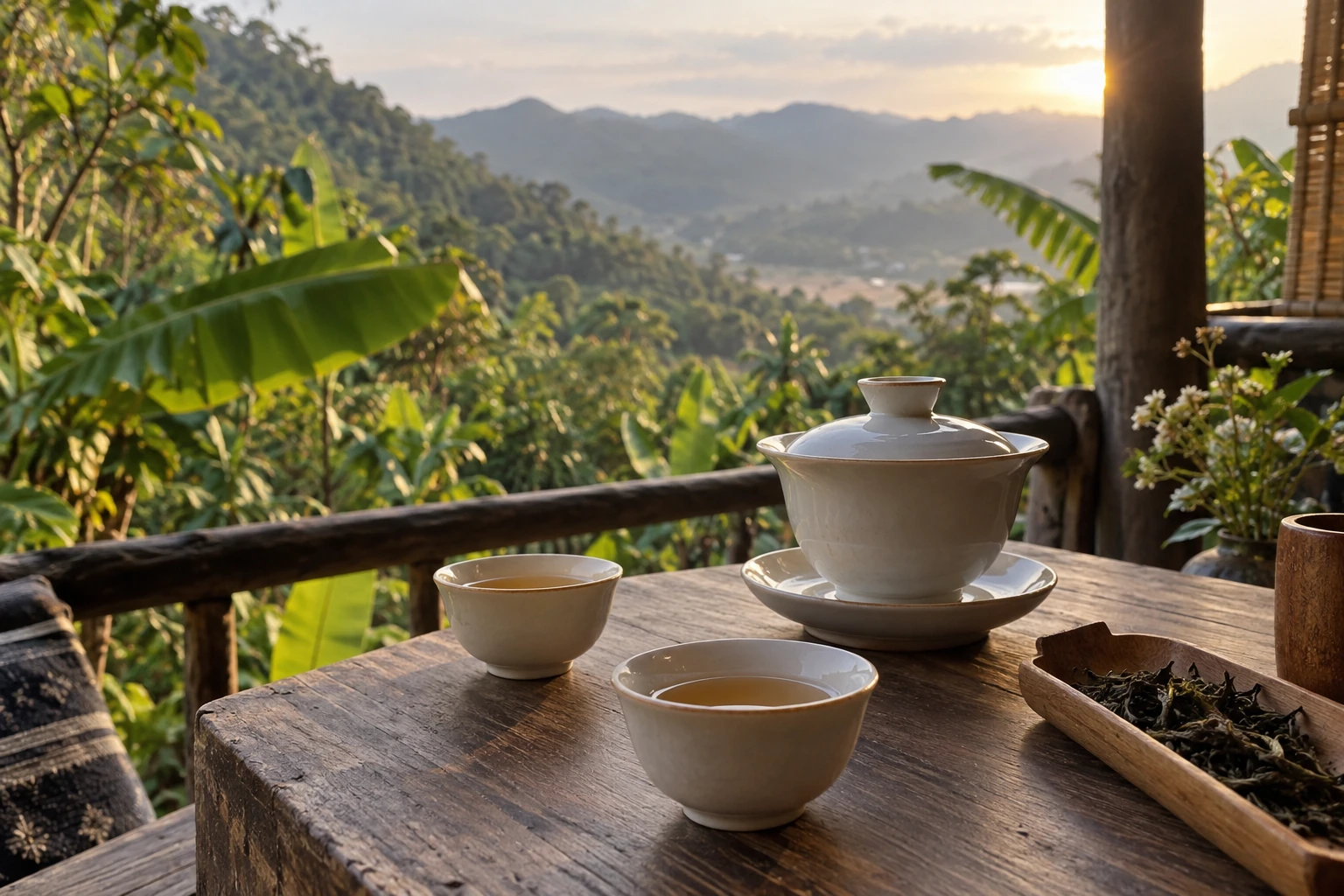 Tea tasting on a shaded veranda in Xishuangbanna